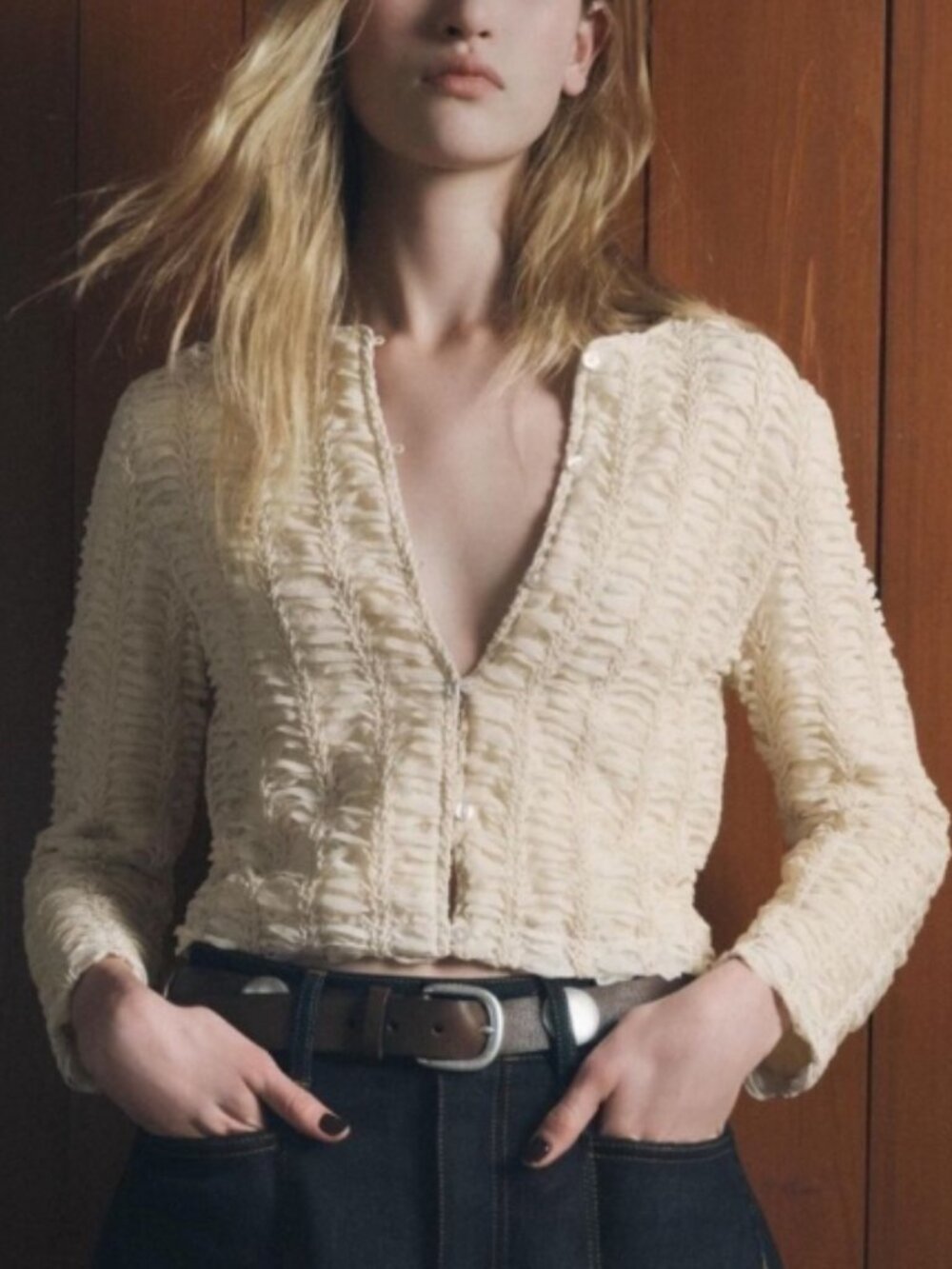 Zara Structured Knit Cardigan Jacket - Ecru - Lace & Fabric with Buttons - Picture 2 of 9